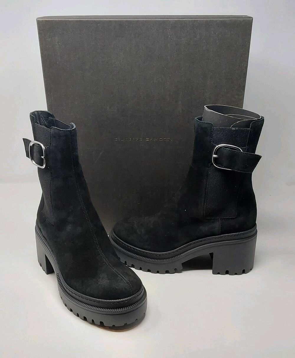Giuseppe Zanotti Black Suede Chelsea Buckle Lug Sole Ankle Boots Women's 7.5
